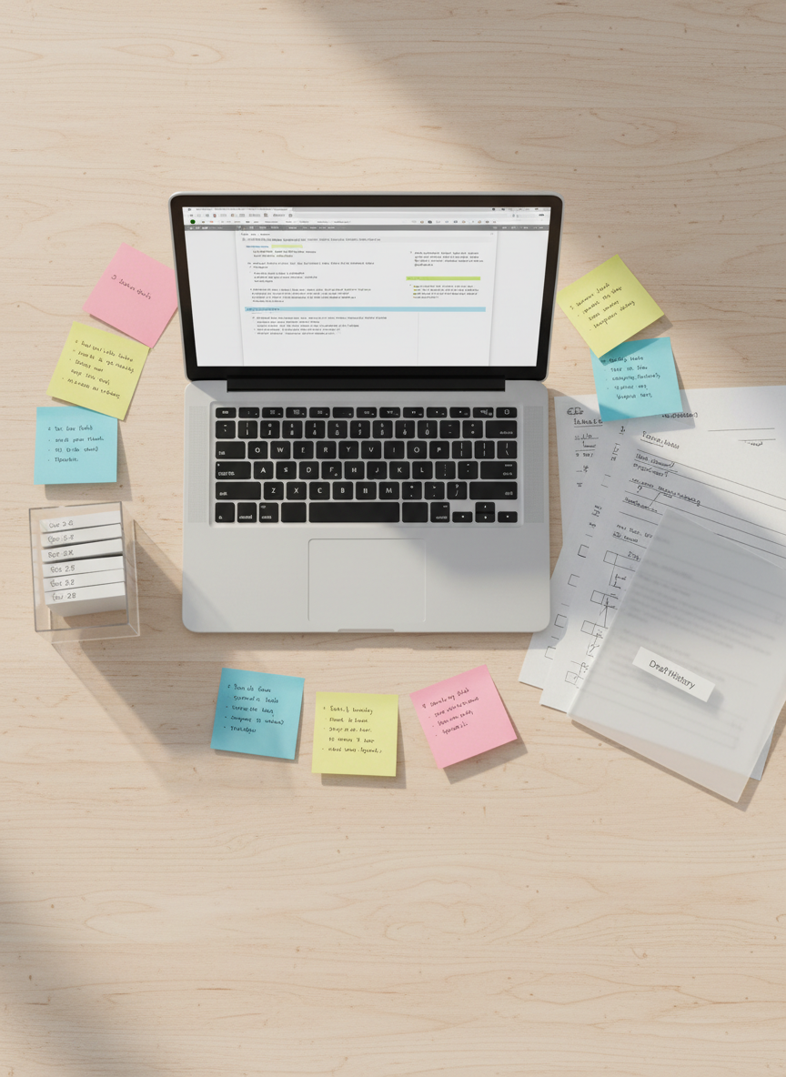 An overhead, photographic realism shot of a neatly organized academic writing setup on a pale birch desk: an open laptop centered with an essay draft on screen, surrounded by color-coded sticky notes, printed pages with lightly annotated margins, and a slim, translucent folder labeled “Draft History.” To one side, a small, frosted acrylic box contains neatly stacked index cards, each card subtly labeled with dates to imply recorded writing sessions. Soft, natural window light from the top of the frame creates gentle, directional shadows from the paper edges and laptop keys, highlighting textures without clutter. The composition uses the rule of thirds, with the laptop slightly off-center, creating a balanced, methodical atmosphere. Overall mood is orderly, trustworthy, and academic, reinforcing the idea of a transparent, traceable writing journey.