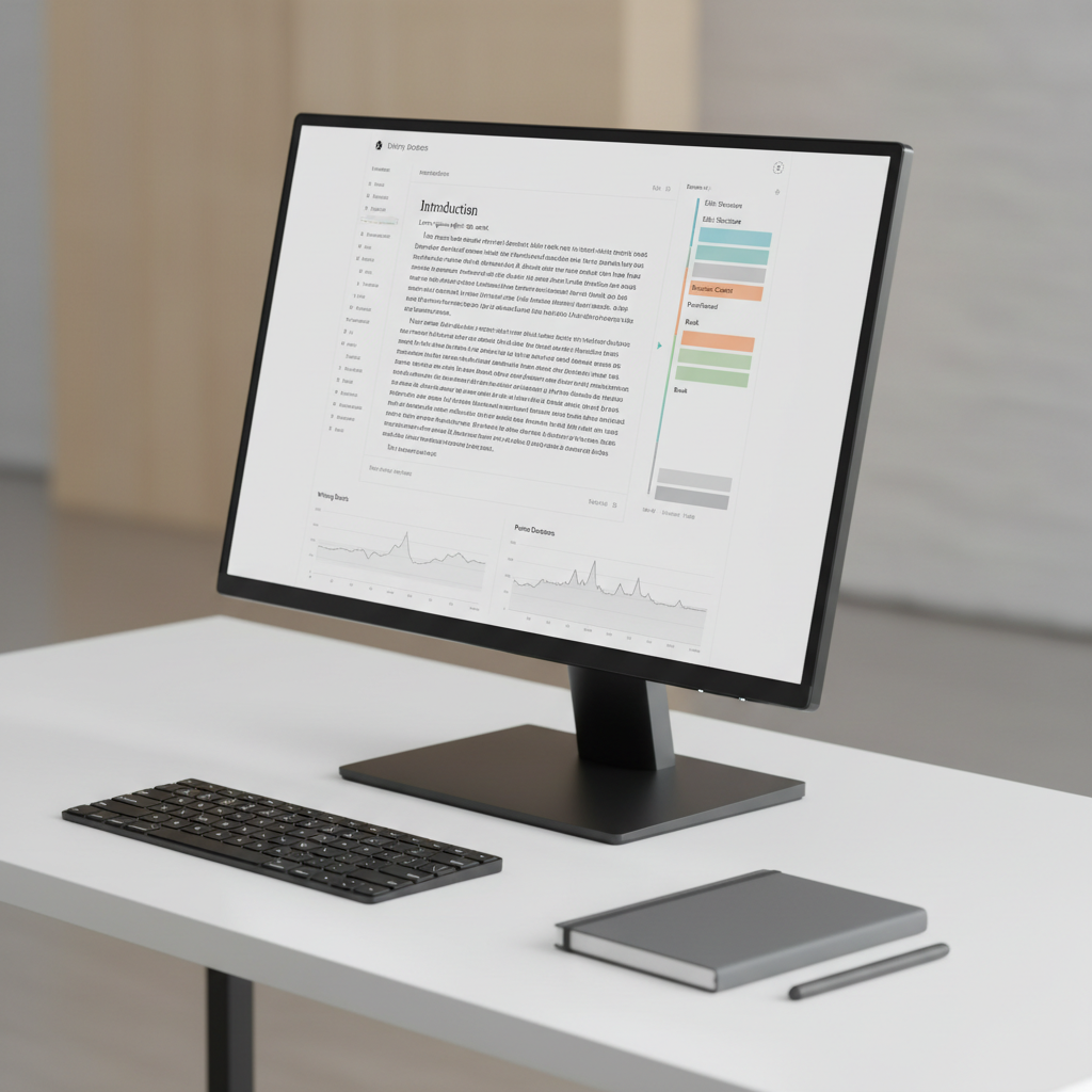 A high-resolution close-up of a computer screen showing a detailed writing progress dashboard: a structured, monochrome interface with a central essay draft, side-by-side with a vertical timeline of edits represented by thin, colored segments and timestamps. Below, small, unobtrusive graphs visualize writing bursts and pauses. The screen’s bezel is thin and dark, positioned on a tidy white desk with only a low-profile wireless keyboard and a compact, graphite-colored notebook. Cool, even studio lighting eliminates glare while creating crisp reflections along the monitor’s edges. Captured from a slightly angled, over-the-shoulder perspective, with sharp focus on the interface and a softly blurred, neutral background. The mood is analytical yet calm, emphasizing clarity, integrity, and the verifiable nature of the writing process in a photographic, modern style.